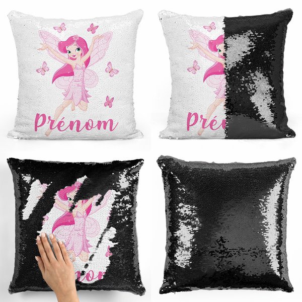 coussin pillow mermaid à sequin magique enfant reversible et personnalisable avec motif fée papillons de couleur noir