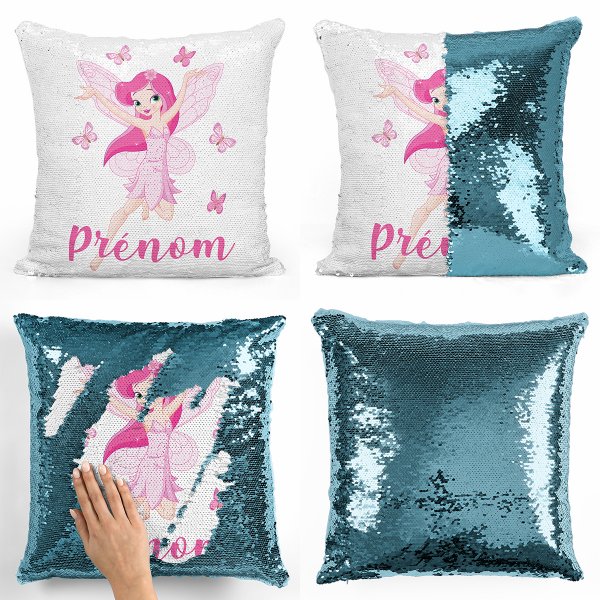 coussin pillow mermaid à sequin magique enfant reversible et personnalisable avec motif fée papillons de couleur bleu clair