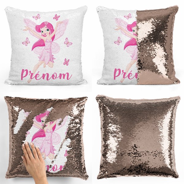 coussin pillow mermaid à sequin magique enfant reversible et personnalisable avec motif fée papillons de couleur champagne