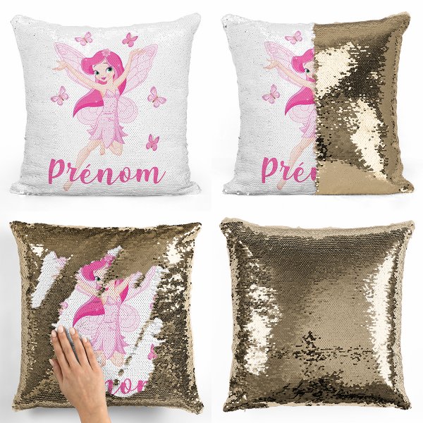 coussin pillow mermaid à sequin magique enfant reversible et personnalisable avec motif fée papillons de couleur or doré