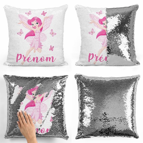 coussin pillow mermaid à sequin magique enfant reversible et personnalisable avec motif fée papillons de couleur argent