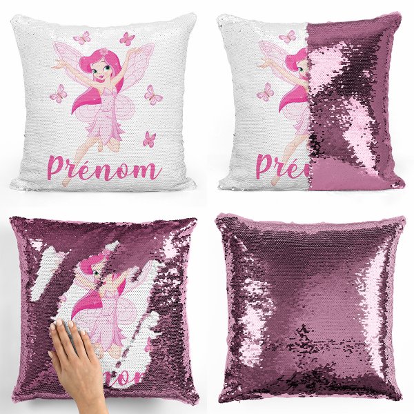 coussin pillow mermaid à sequin magique enfant reversible et personnalisable avec motif fée papillons de couleur rose clair