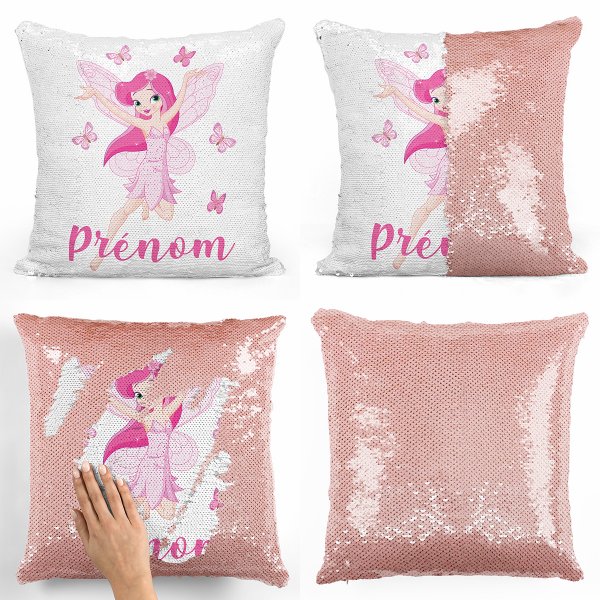 coussin pillow mermaid à sequin magique enfant reversible et personnalisable avec motif fée papillons de couleur saumon