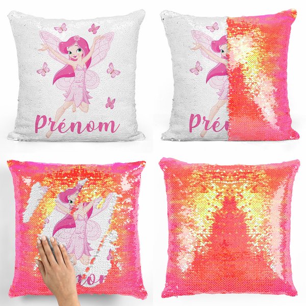 coussin pillow mermaid à sequin magique enfant reversible et personnalisable avec motif fée papillons de couleur orange nacré