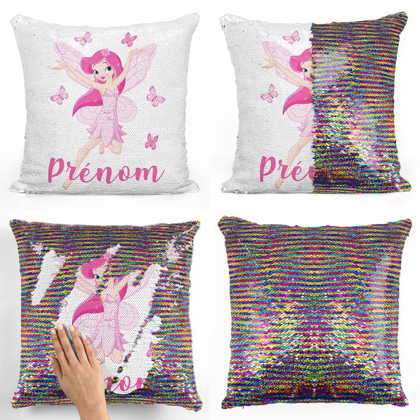 coussin pillow mermaid à sequin magique enfant reversible et personnalisable avec motif fée papillons de couleur multicolore