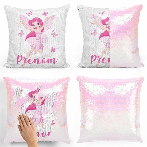 coussin pillow mermaid à sequin magique enfant reversible et personnalisable avec motif fée papillons de couleur blanc nacré