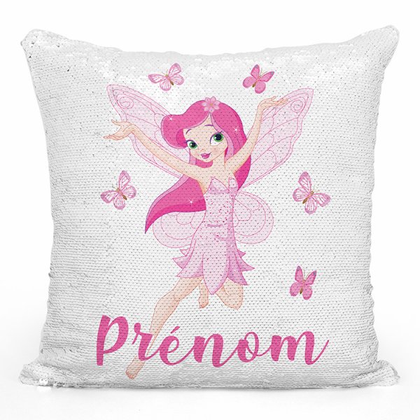 coussin pillow mermaid à sequin magique enfant reversible et personnalisable avec motif fée papillons