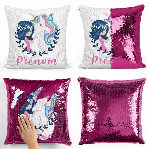 coussin pillow mermaid à sequin magique enfant reversible et personnalisable avec motif fille et licorne de couleur fushia