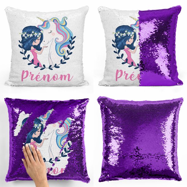 coussin pillow mermaid à sequin magique enfant reversible et personnalisable avec motif fille et licorne de couleur violet