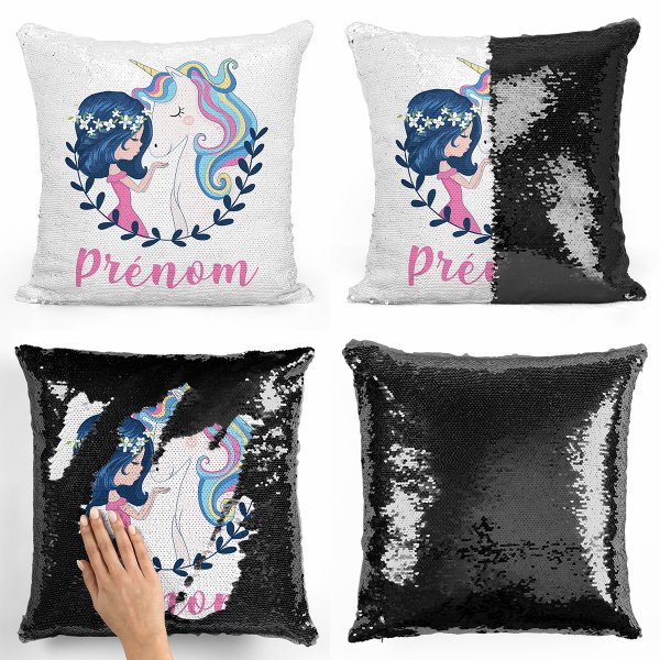 coussin pillow mermaid à sequin magique enfant reversible et personnalisable avec motif fille et licorne de couleur noir