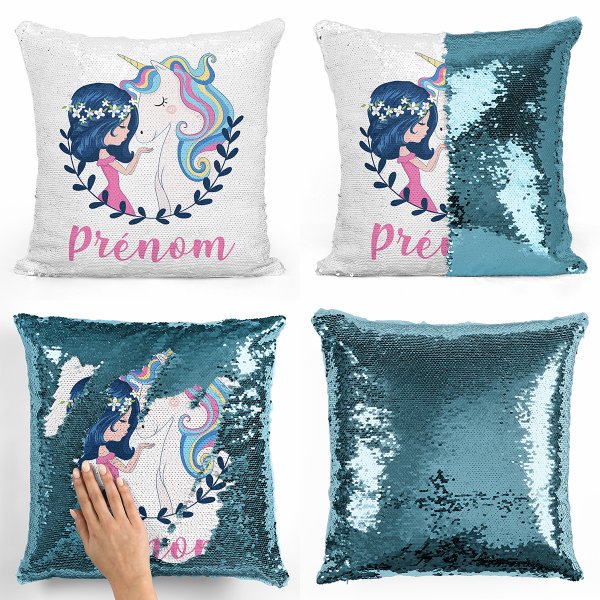 coussin pillow mermaid à sequin magique enfant reversible et personnalisable avec motif fille et licorne de couleur bleu clair