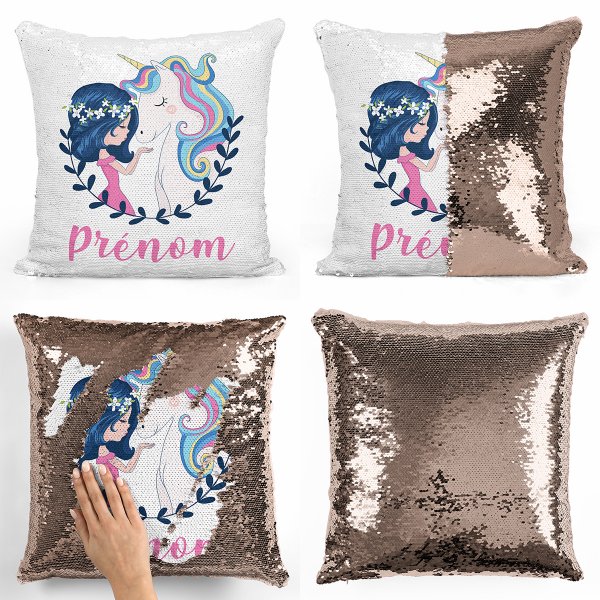 coussin pillow mermaid à sequin magique enfant reversible et personnalisable avec motif fille et licorne de couleur champagne