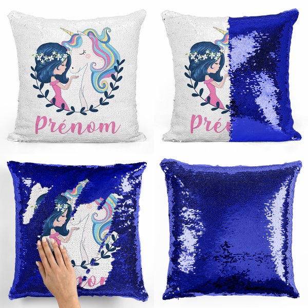 coussin pillow mermaid à sequin magique enfant reversible et personnalisable avec motif fille et licorne de couleur bleu foncé