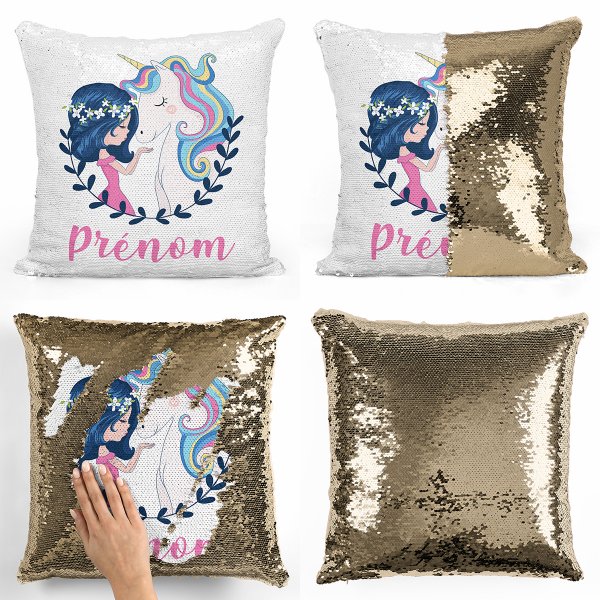 coussin pillow mermaid à sequin magique enfant reversible et personnalisable avec motif fille et licorne de couleur or doré