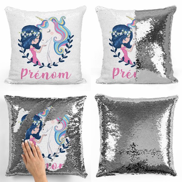 coussin pillow mermaid à sequin magique enfant reversible et personnalisable avec motif fille et licorne de couleur argent