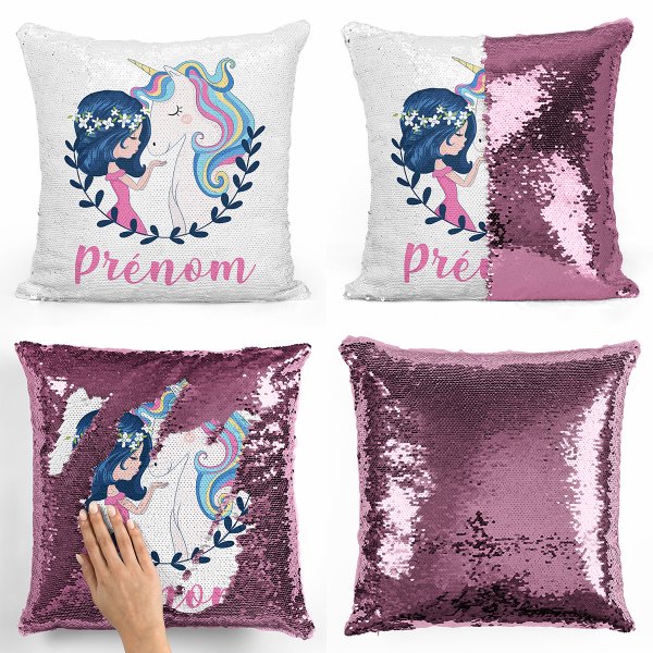 coussin pillow mermaid à sequin magique enfant reversible et personnalisable avec motif fille et licorne de couleur rose clair