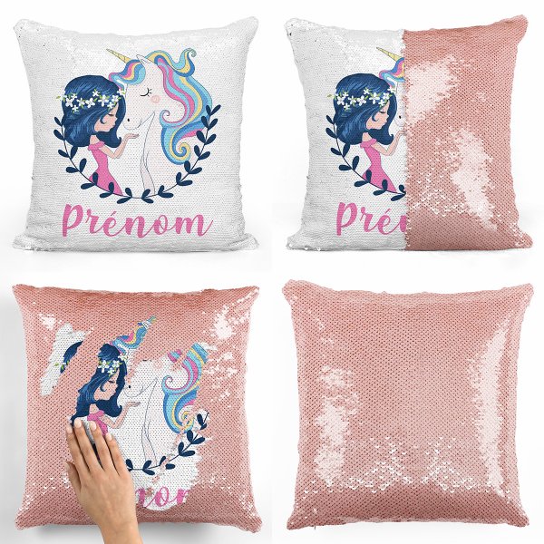 coussin pillow mermaid à sequin magique enfant reversible et personnalisable avec motif fille et licorne de couleur saumon