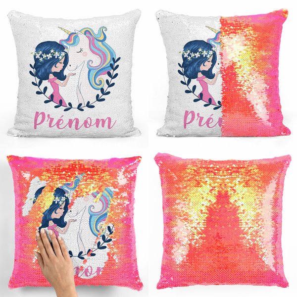 coussin pillow mermaid à sequin magique enfant reversible et personnalisable avec motif fille et licorne de couleur orange nacré