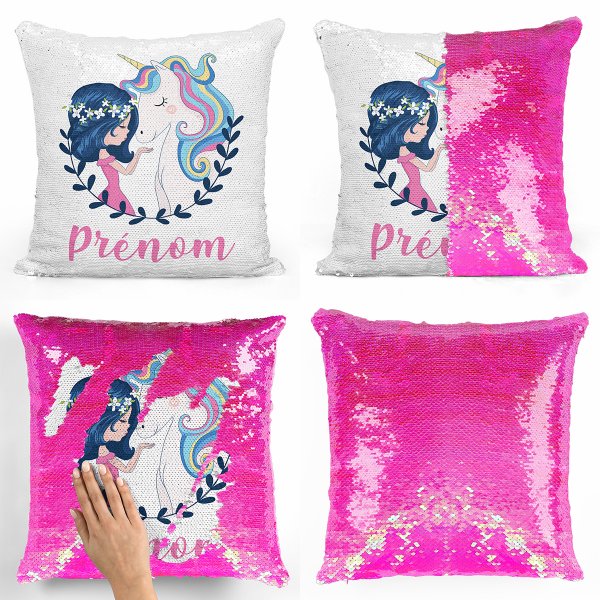 coussin pillow mermaid à sequin magique enfant reversible et personnalisable avec motif fille et licorne de couleur rose nacré