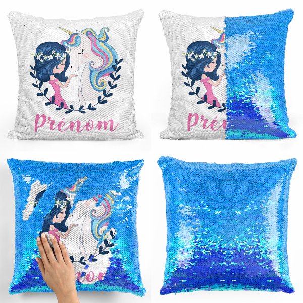 coussin pillow mermaid à sequin magique enfant reversible et personnalisable avec motif fille et licorne de couleur bleu nacré