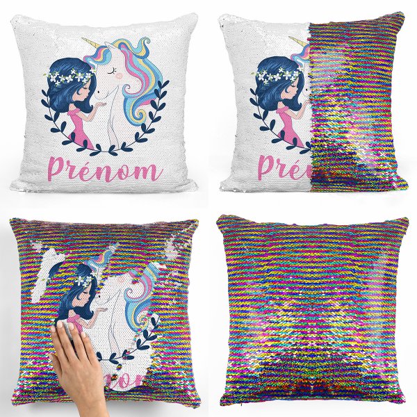 coussin pillow mermaid à sequin magique enfant reversible et personnalisable avec motif fille et licorne de couleur multicolore