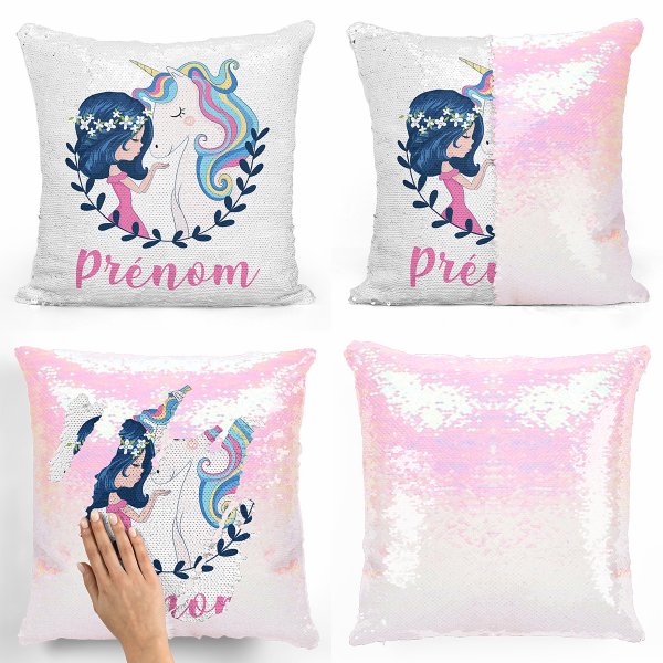 coussin pillow mermaid à sequin magique enfant reversible et personnalisable avec motif fille et licorne de couleur blanc nacré