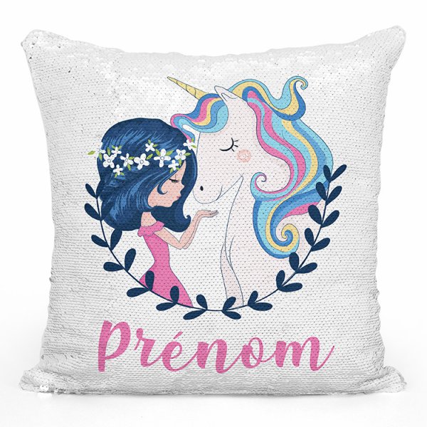 coussin pillow mermaid à sequin magique enfant reversible et personnalisable avec motif fille et licorne