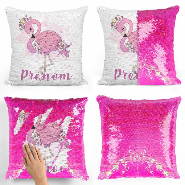 coussin pillow mermaid à sequin magique enfant reversible et personnalisable avec motif flamant rose de couleur rose nacré