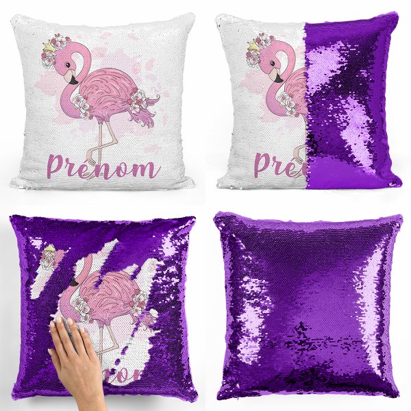 coussin pillow mermaid à sequin magique enfant reversible et personnalisable avec motif flamant rose de couleur violet