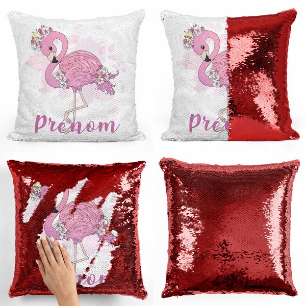 coussin pillow mermaid à sequin magique enfant reversible et personnalisable avec motif flamant rose de couleur rouge