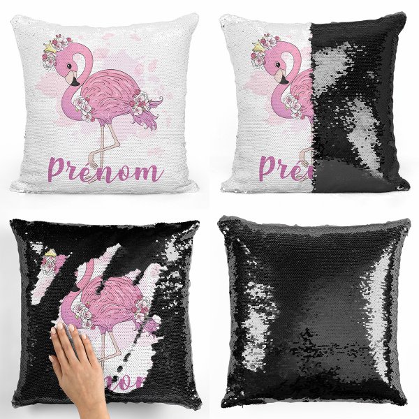 coussin pillow mermaid à sequin magique enfant reversible et personnalisable avec motif flamant rose de couleur noir