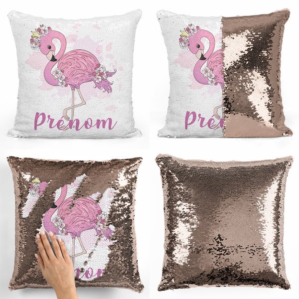 coussin pillow mermaid à sequin magique enfant reversible et personnalisable avec motif flamant rose de couleur champagne