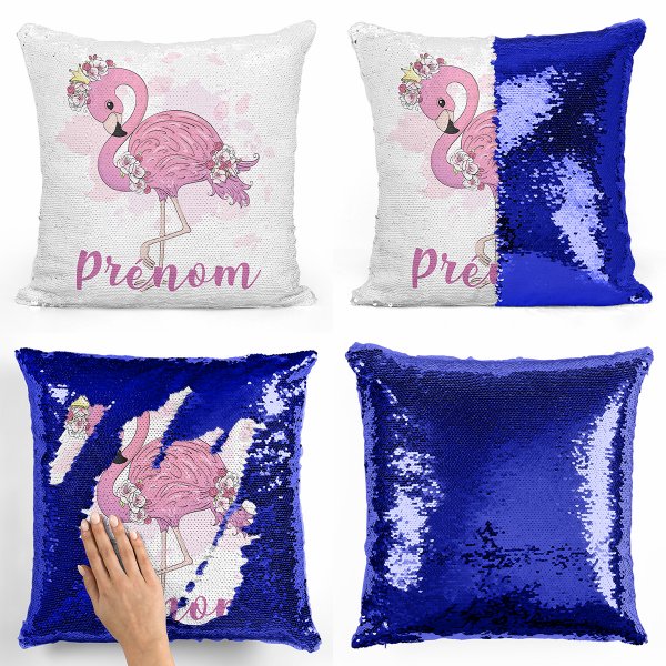 coussin pillow mermaid à sequin magique enfant reversible et personnalisable avec motif flamant rose de couleur bleu foncé