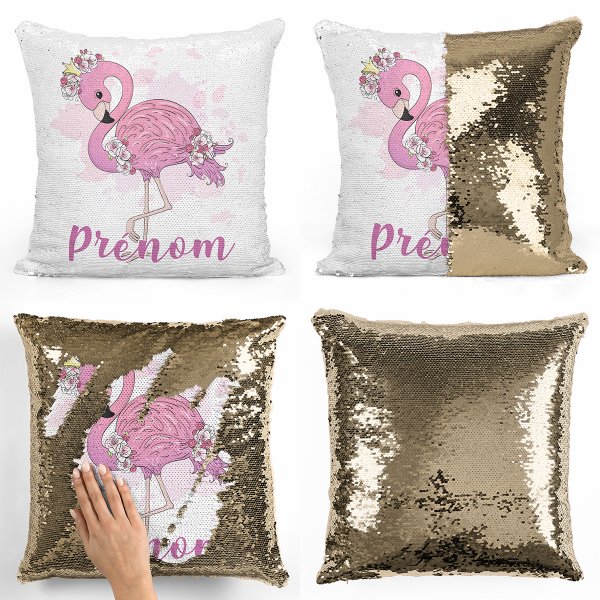 coussin pillow mermaid à sequin magique enfant reversible et personnalisable avec motif flamant rose de couleur or doré