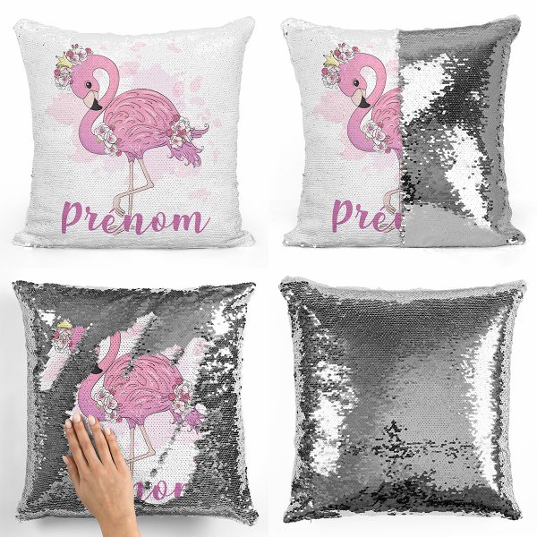 coussin pillow mermaid à sequin magique enfant reversible et personnalisable avec motif flamant rose de couleur argent