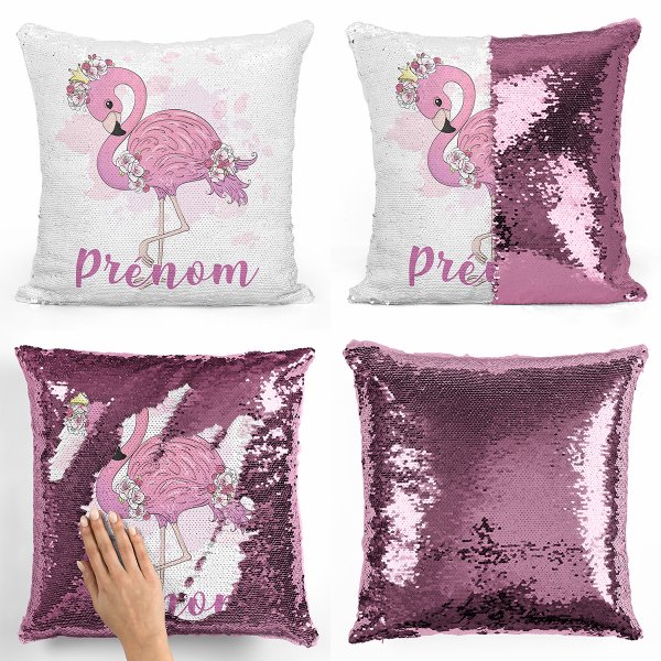coussin pillow mermaid à sequin magique enfant reversible et personnalisable avec motif flamant rose de couleur rose clair