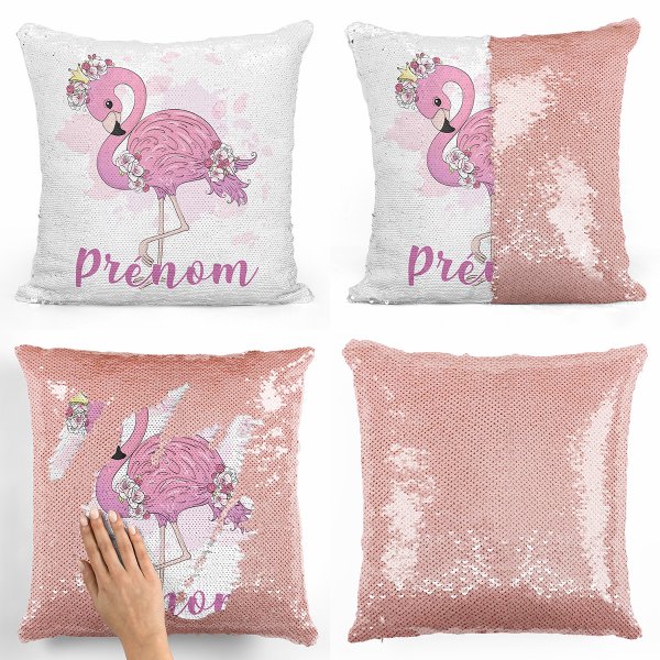 coussin pillow mermaid à sequin magique enfant reversible et personnalisable avec motif flamant rose de couleur saumon