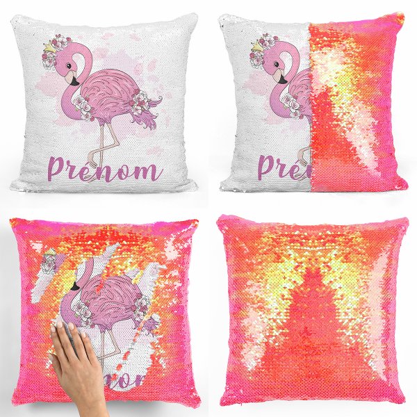 coussin pillow mermaid à sequin magique enfant reversible et personnalisable avec motif flamant rose de couleur orange nacré