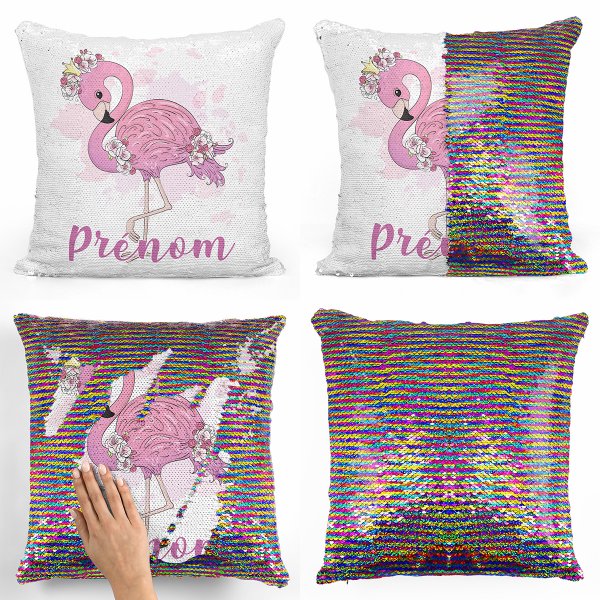 coussin pillow mermaid à sequin magique enfant reversible et personnalisable avec motif flamant rose de couleur multicolore