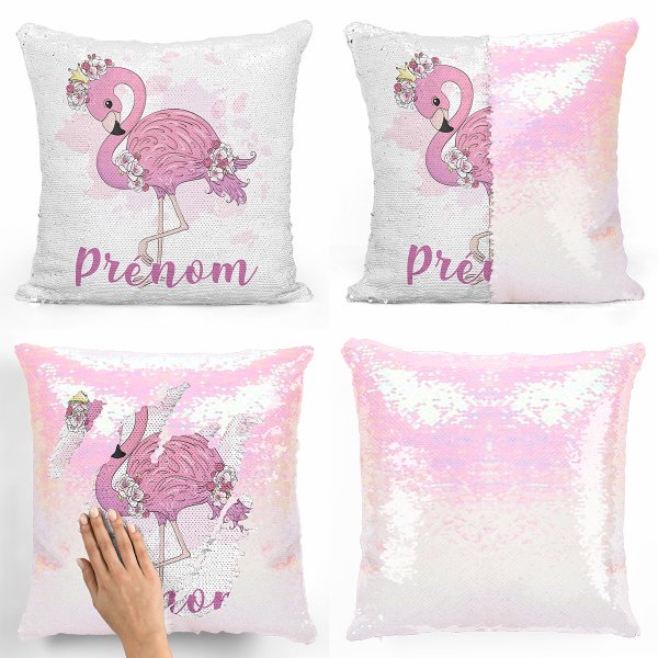 coussin pillow mermaid à sequin magique enfant reversible et personnalisable avec motif flamant rose de couleur blanc nacré