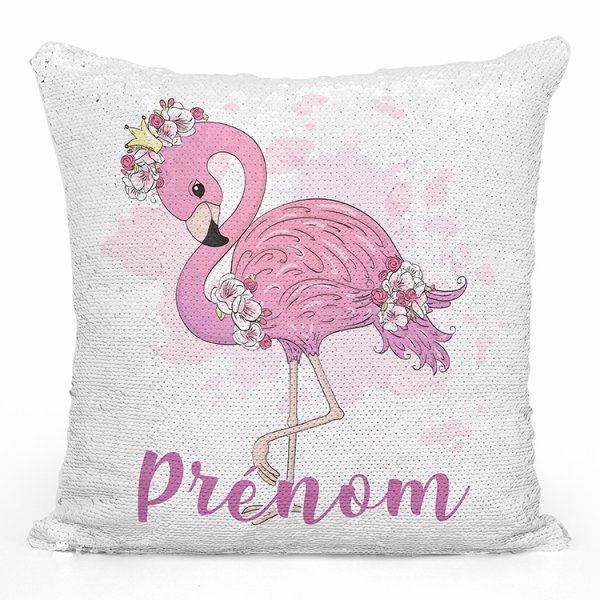 coussin pillow mermaid à sequin magique enfant reversible et personnalisable avec motif flamant rose