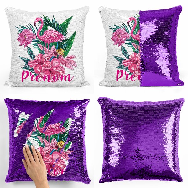 coussin pillow mermaid à sequin magique enfant reversible et personnalisable avec motif flamant rose tropical de couleur violet