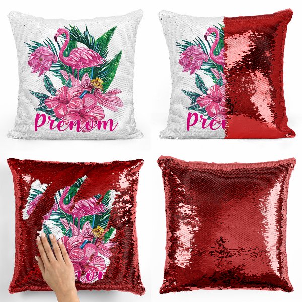coussin pillow mermaid à sequin magique enfant reversible et personnalisable avec motif flamant rose tropical de couleur rouge