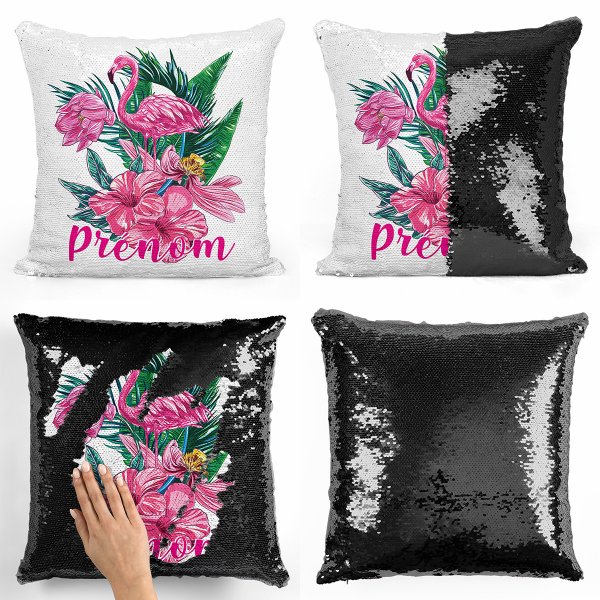 coussin pillow mermaid à sequin magique enfant reversible et personnalisable avec motif flamant rose tropical de couleur noir