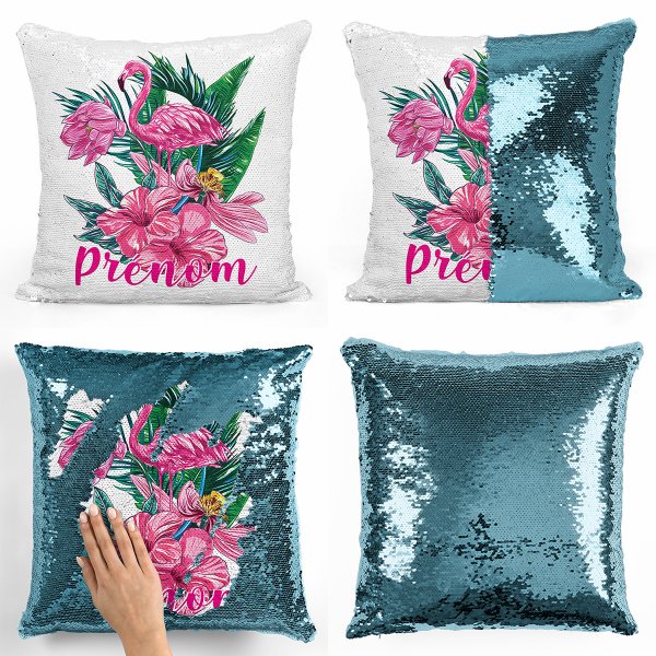 coussin pillow mermaid à sequin magique enfant reversible et personnalisable avec motif flamant rose tropical de couleur bleu clair