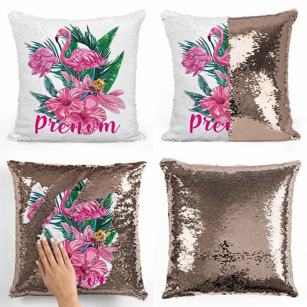 coussin pillow mermaid à sequin magique enfant reversible et personnalisable avec motif flamant rose tropical de couleur champagne