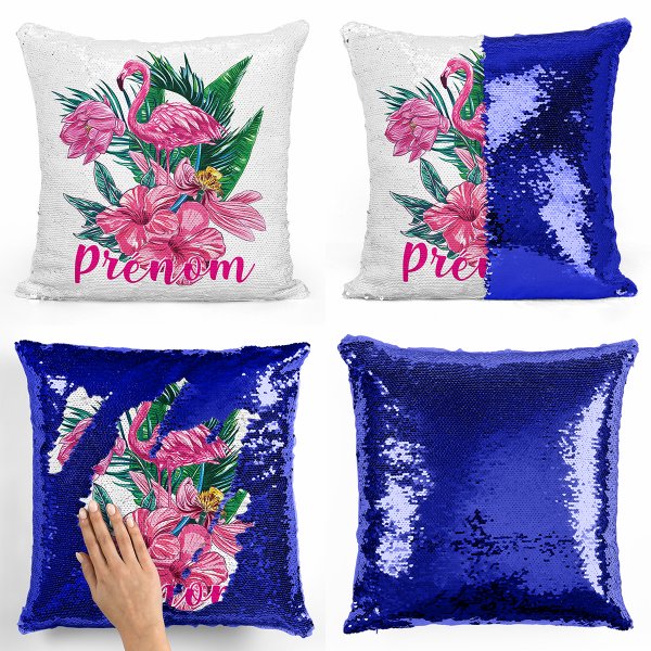 coussin pillow mermaid à sequin magique enfant reversible et personnalisable avec motif flamant rose tropical de couleur bleu foncé