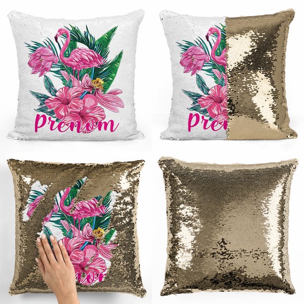 coussin pillow mermaid à sequin magique enfant reversible et personnalisable avec motif flamant rose tropical de couleur or doré