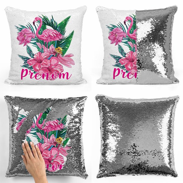 coussin pillow mermaid à sequin magique enfant reversible et personnalisable avec motif flamant rose tropical de couleur argent