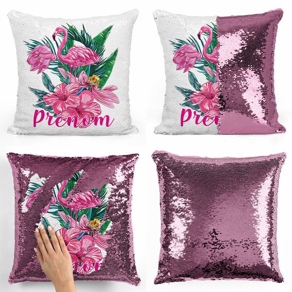 coussin pillow mermaid à sequin magique enfant reversible et personnalisable avec motif flamant rose tropical de couleur rose clair